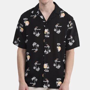 No Boundaries Men's Short Sleeve Button Up Tropical Hawaiian Sunset Shirt, 2XL